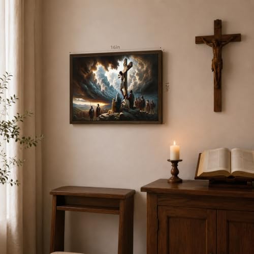 Jesus Calvary Crucifixion Wall Art Canvas 16x24 Inches - Cross Wood Frame Variation of THIS listing
