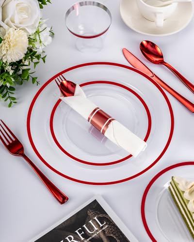 Red Plastic Dinnerware Set for 25 Guests - 175 Pcs, Party Disposable Plates & Cups