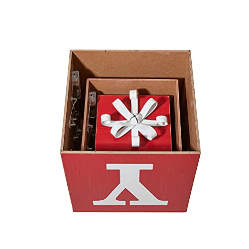 Red Lighted Wooden Joy Porch Sign with 3 Nesting Decorative Boxes for Christmas Home Decor