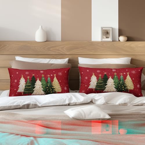 Christmas Tree Red & Snowflake Pillow Covers 12x20 Set of 2 Outdoor Holiday Decor Variation of Christmas Tree Red / 20" x 12" (Pack of 2)