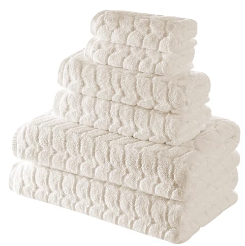 Cream Turkish Cotton Bath Towels Set of 6 - Plush Luxury Jacquard Collection