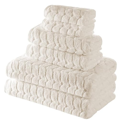 Cream Turkish Cotton Bath Towels Set of 6 - Plush Luxury Jacquard Collection