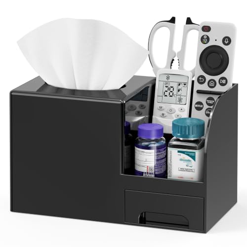 Black Plastic Square Tissue Box Cover with Remote Holder & Storage - Multi-Functional