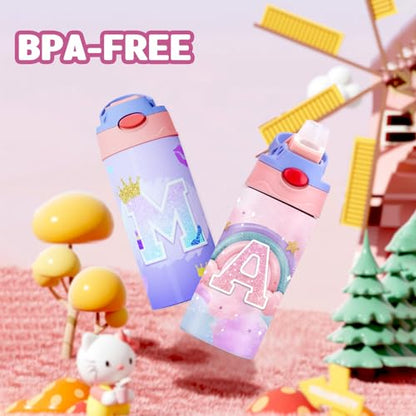 DOPHCOZFFY Kids Insulated Water Bottle, 12.6 oz Stainless Steel Water Bottle, Double Wall Toddler Water Bottle, Water Bottles for Kids BPA-Free for School Boys Girls (2PCS-pinkA+unicorn)