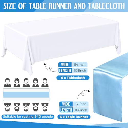 White and Blue Plastic Tablecloths with Satin Table Runner Set - Tudomro 12 Pcs