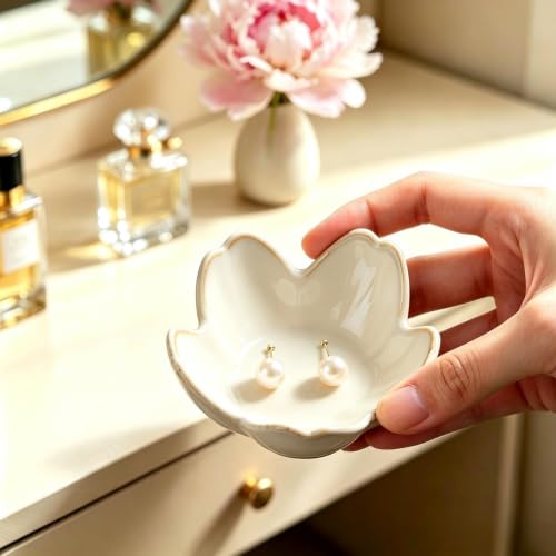 2 Pack Ceramic Flower Ring Holder Dish - White and Green Jewelry Trays