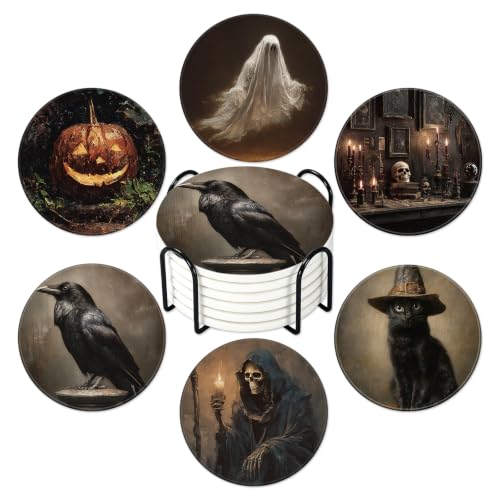 Halloween Ceramic Coasters Set with Stand - Gothic Dark Style, 6 Pieces