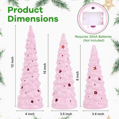 Pink Ceramic Christmas Trees Light Up Set of 3 - Holiday Decor