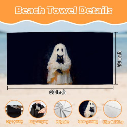 Halloween Gothic Ghost Black Cat Lightweight Beach Towel 30x60 in - Black