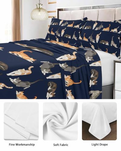 Twin XL Flat Sheet - Cartoon Cats Microfiber Bed Sheets in Yellow Cream Brown Variation