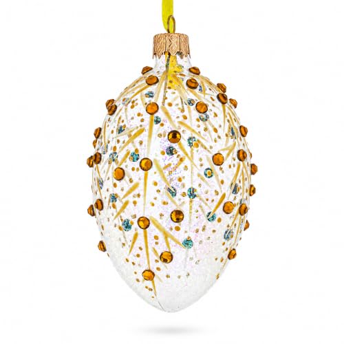 Hand-Painted Ukrainian Glass Christmas Ornament - Gold Branches Egg, 4 Inches