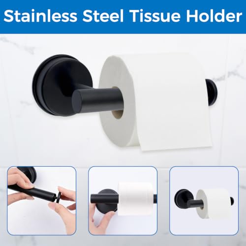 INCREWAY Black Suction Cup Bathroom Accessory Set 4Pcs - Wall Mount Towel Holder Tissue Rack Hooks - No Drill, Stainless Steel