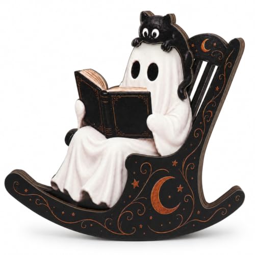 Halloween Ghost Decor - Reading Ghost Tabletop with Cat, Cozy Book Lover Halloween Decorations - Ghost Cat Book Variation