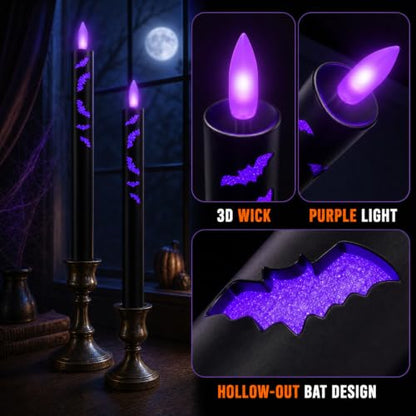 Halloween Flameless Taper Candles with Remote & Timer - Black, 9.8 Inch - Set of 2
