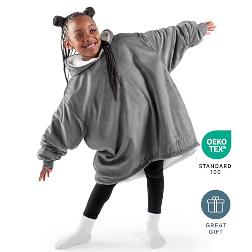 Kids Wearable Blanket Hoodie - Soft Plush Sherpa - Grey - Cozy & Warm