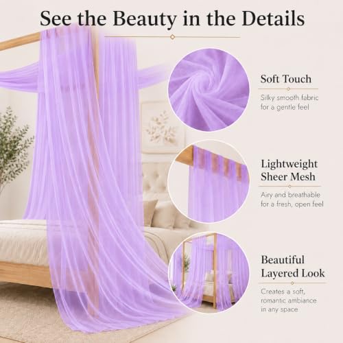 Purple Bed Canopy Curtains, Sheer Mesh Drapes for Bedroom Decor - 63"W x 236"L, Pack of 2