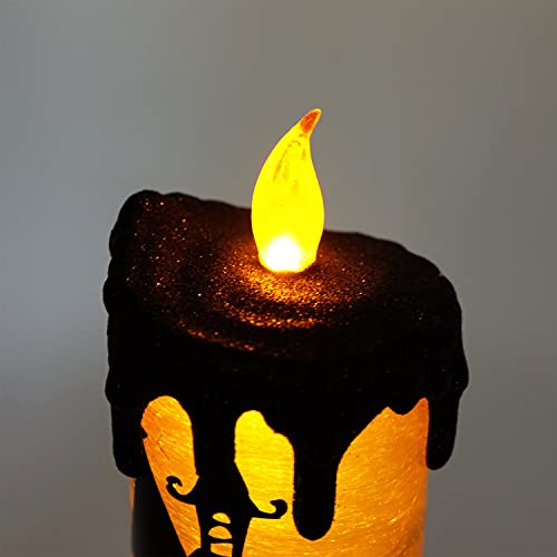 DRomance Halloween Flameless Candle Snow Globe Battery Operated with 6 Hour Timer, Yellow Light Bat Decal Water Tornado Lamp LED Candlestick Halloween Season Decor Gift 4 x 10 Inches