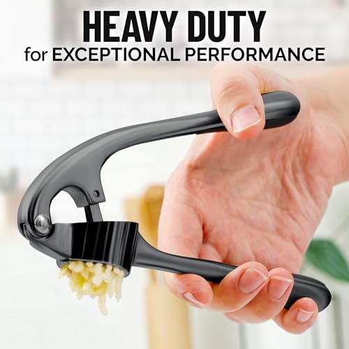 Zulay Kitchen Premium Garlic Press Set - Rust Proof & Dishwasher Safe Professional Garlic Mincer Tool - Easy-Squeeze, Easy-Clean with Soft, Ergonomic Handle - Silicone Garlic Peeler & Brush-Dark Gray