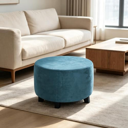Navy Velvet Round Ottoman Slipcover 32 Inch Stretch Footstool Cover