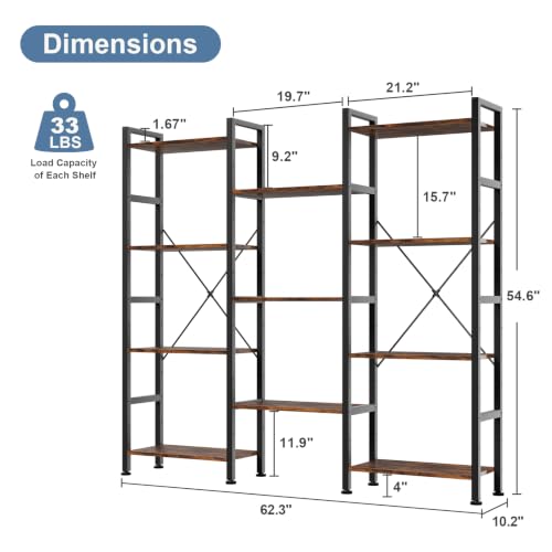 DUMOS Triple Column 4-Tier Industrial Bookshelf - Rustic Brown, 62.3W x 54.6H