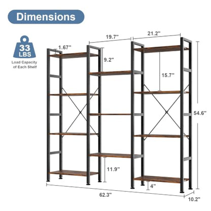 DUMOS Triple Column 4-Tier Industrial Bookshelf - Rustic Brown, 62.3W x 54.6H