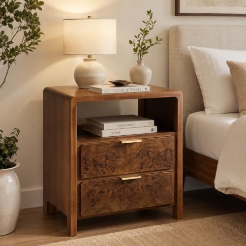 Burl Finish Nightstand with USB-C & 2 AC Outlets, 2-Drawer Bedside Table - Brown