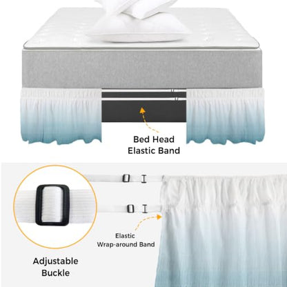 Blue Ombre Queen Bed Skirt 16 Inch Drop Elastic Wrap-Around Dust Ruffle Ocean Blue