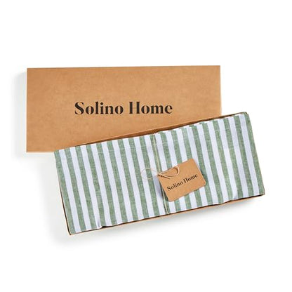 Solino Home 100% Linen Table Runner 14 x 120 Inch Green & White Stripe