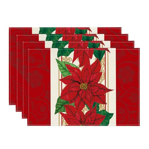 Watercolor Poinsettia Christmas Placemats Set of 4 - 12x18 Inch Seasonal Table Decor