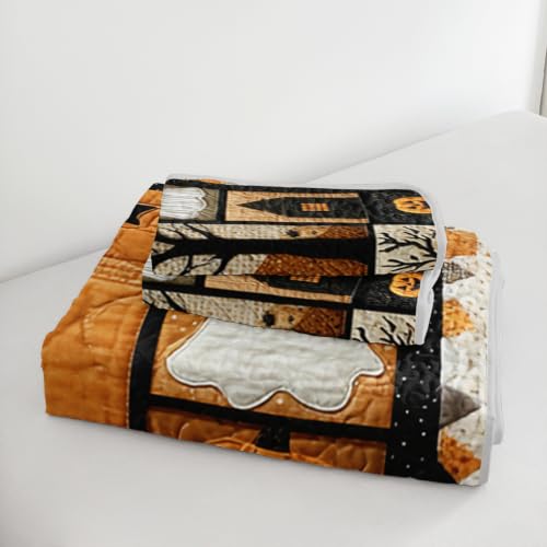 HOSIMA Kids Halloween Bedspread King Patchwork Quilt with 2 Pillowcases - Orange-Black