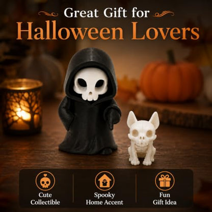 Halloween Gothic Skeleton Figurine with Puppy Companion - Spooky Desk Decor