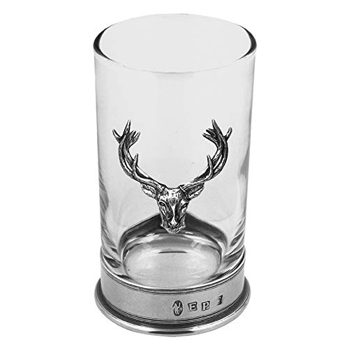 Highball Cocktail Glass with Pewter Deer Head Emblem - 8.75oz Spirits Glass