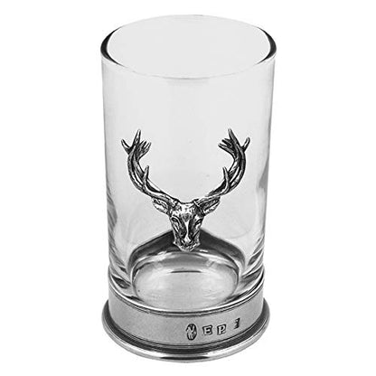 Highball Cocktail Glass with Pewter Deer Head Emblem - 8.75oz Spirits Glass