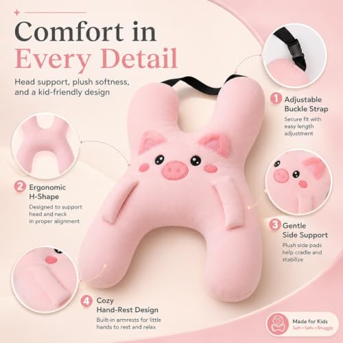 Kids Car Neck Support Pillow with Plush Comfort and Gray Cover - Travel Cushion for Kids