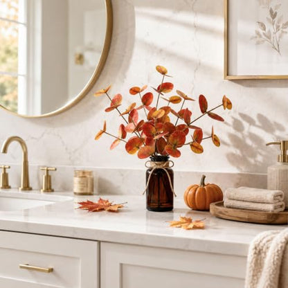 Artificial Eucalyptus in Glass Vase with LED Lights - Orange Fall Decor