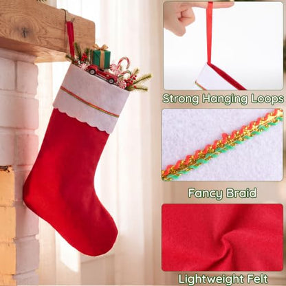 16 Pack Red Felt Christmas Stockings with White Cuff - Holiday Decor