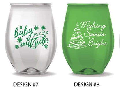 Christmas Themed Stemless Wine Glass Set of 12 - Unbreakable Funny Sayings - Holiday Party Drinkware