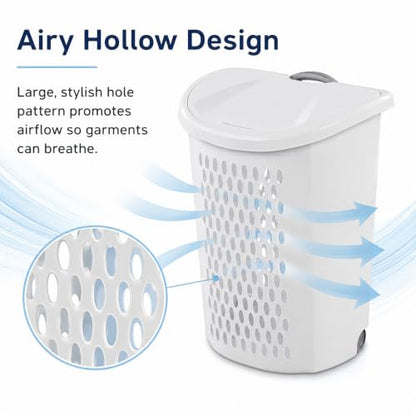 135L White Wheeled Plastic Laundry Hamper with Lid - Large Capacity, Portable