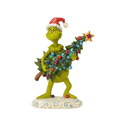 Dr. Seuss Grinch Stealing Christmas Tree Figurine - Hand-Painted Folk Art Holiday Decor