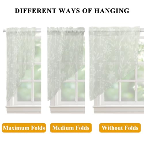 Sage Green Floral Curtain Set - 2 Panels, 45 Inch Length, Semi-Sheer Valances for Kitchen & Living Room, Rustic Pastoral Style with Variation Green, Sage, Celadon, Mist