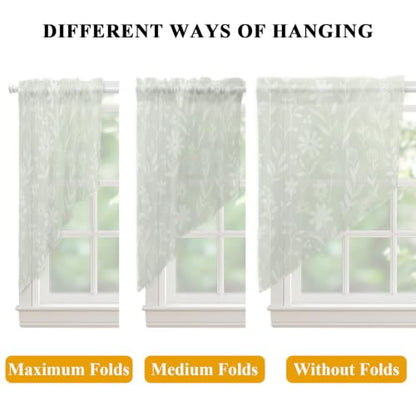 Sage Green Floral Curtain Set - 2 Panels, 45 Inch Length, Semi-Sheer Valances for Kitchen & Living Room, Rustic Pastoral Style with Variation Green, Sage, Celadon, Mist