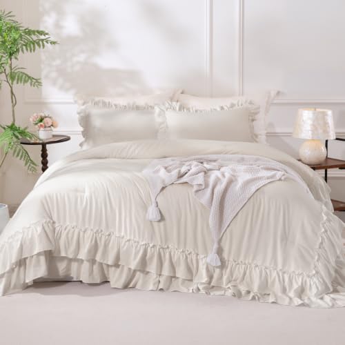 Beige Farmhouse Ruffle Comforter Set Full Size 3 Pieces - Shabby Chic Bedding
