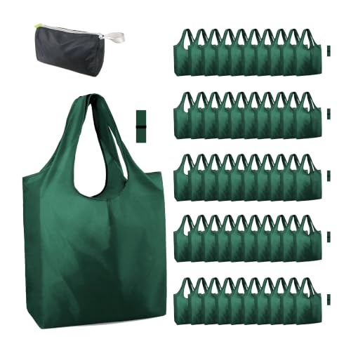 BeeGreen Reusable Grocery Bags Bulk Set - Dark Green Foldable & Washable with Zipper Pouch - 50 Pack