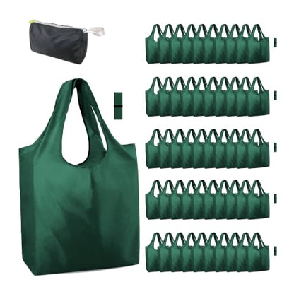 BeeGreen Reusable Grocery Bags Bulk Set - Dark Green Foldable & Washable with Zipper Pouch - 50 Pack