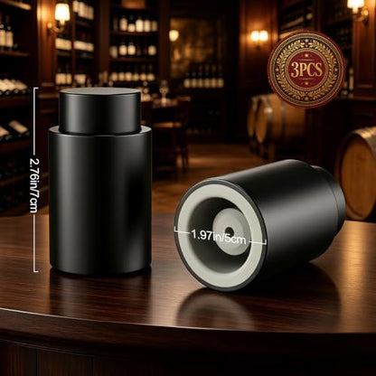 Vacuum Wine Stopper Set of 3 - Reusable Black Bottle Corks for Preservation