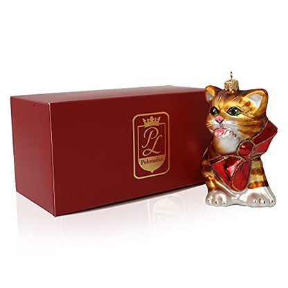 Hand Blown Glass Christmas Cat Ornament with Red Bow - Holiday Decor
