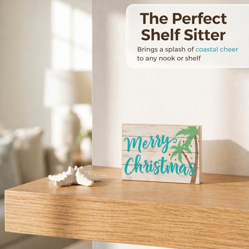 Coastal Christmas Wooden Shelf Sitter Sign with Palm Trees - Beach Decor