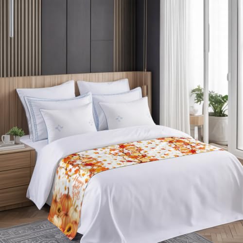 Orange Pumpkin Fall Bed Runner for Cal King Bed 102x20 Inches - Decorative Sofa Throw & Bed Scarf with Maple Leaf Sunflower Design - Variation of 102"x20" Orange, Red, Yellow