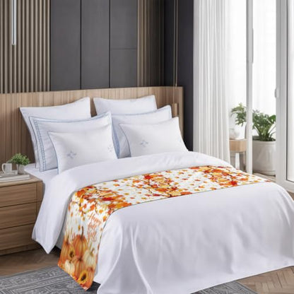 Orange Pumpkin Fall Bed Runner for Cal King Bed 102x20 Inches - Decorative Sofa Throw & Bed Scarf with Maple Leaf Sunflower Design - Variation of 102"x20" Orange, Red, Yellow