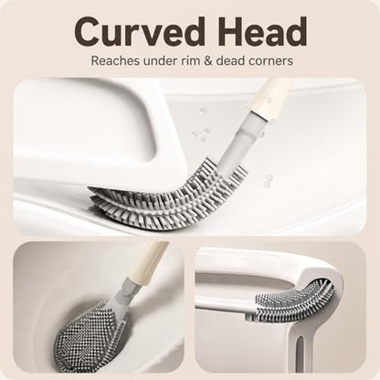 Toilet Brush & Holder Set Wall-Mounted Auto-Close Lid Cream White